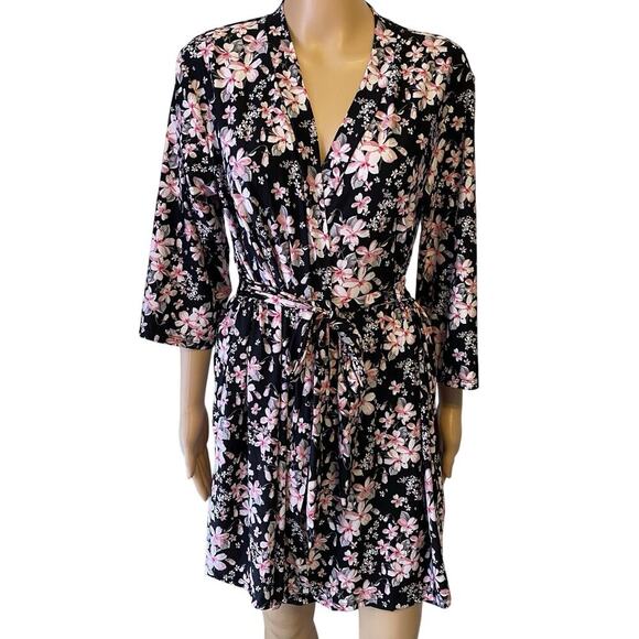 RENE ROFE Sleepwear Robe BLACK Pink FLORAL Soft Knit Sexy Romantic Love Women S - Picture 1 of 7